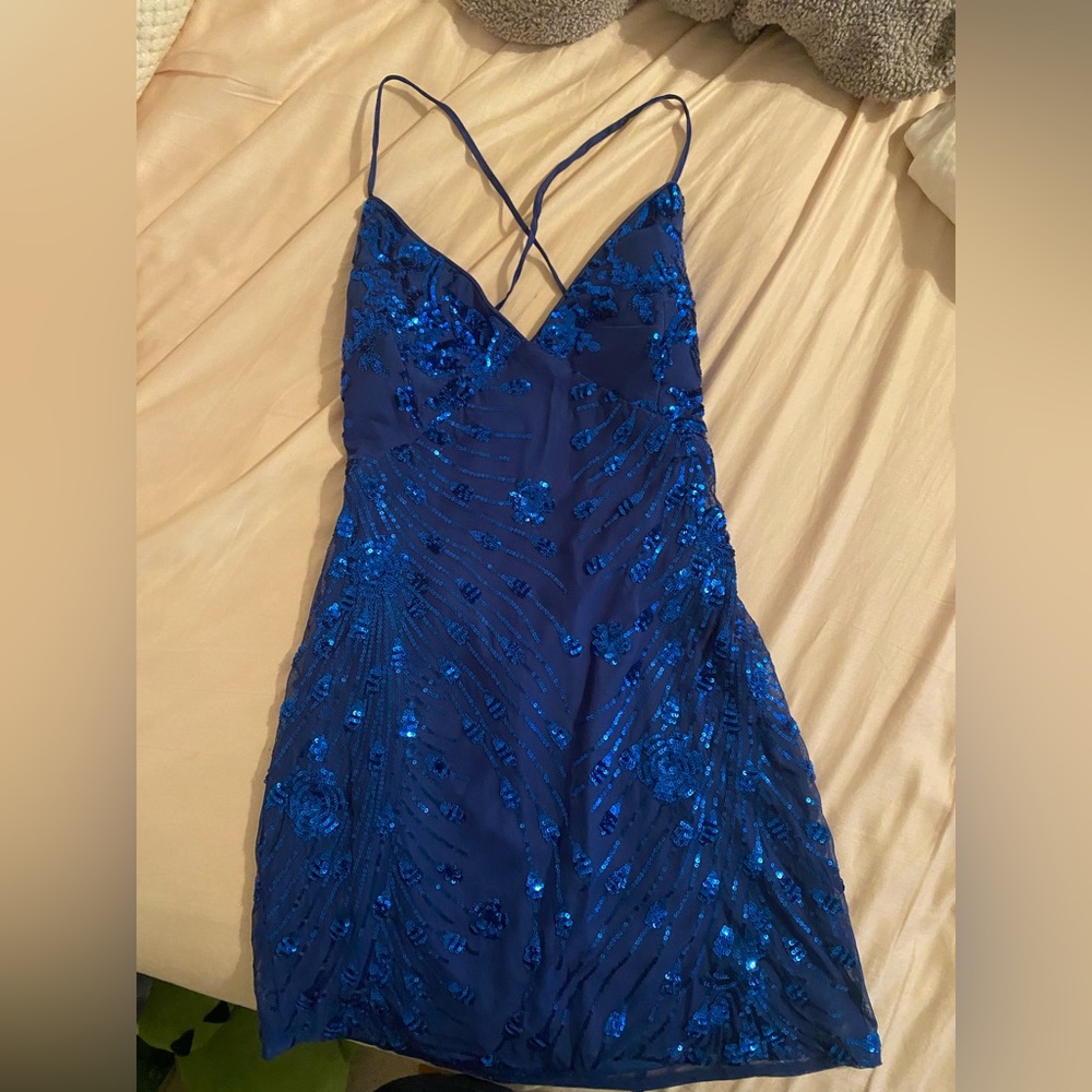 Blue sequin sparkly mini homecoming dress